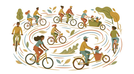 Obraz premium Diverse group of people cycling outdoors in a flat modern illustration style