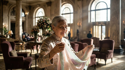 Fototapeta premium Elderly Asian woman holding silk scarf in luxury hotel lobby