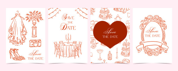 Naklejka premium Wedding Sketch Card Set With Dress Table Heart And Badge