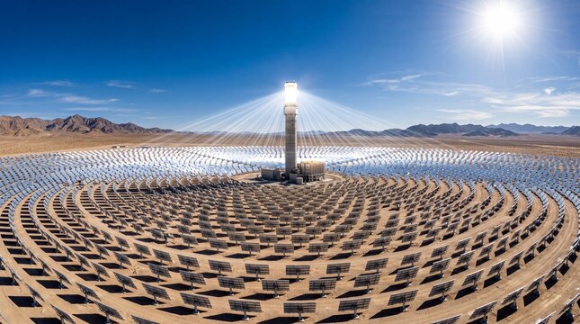 Renewable Concentrated Solar Energy Center Highlighted By Giant Central Tower Towering Over Heliostat Mirrors Array