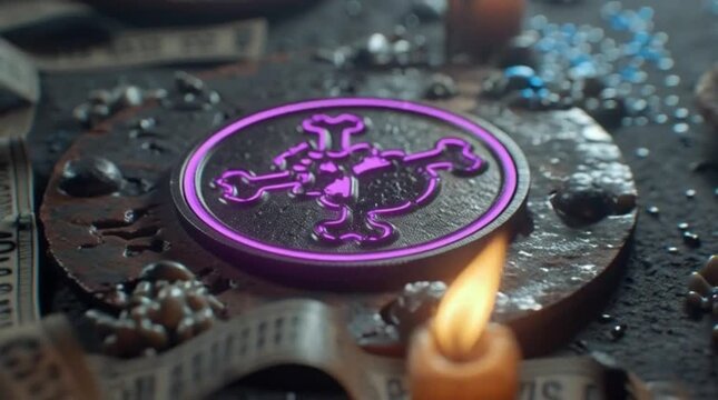 A close-up of a purple-lit cryptocurrency token on a dark background with a flame.