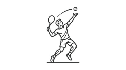 Fototapeta premium Dynamic tennis player serving a ball in minimalist line art style capturing motion and energy in a simple black and white vector illustration for graphic design needs