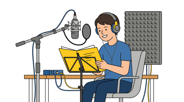 Cheerful individual recording a voiceover in a professional studio surrounded by audio equipment with a bright atmosphere and engaging energy radiating from their expression