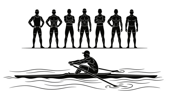 Minimalist flat illustration depicting a rowing athlete in action with silhouetted rowers in the background emphasizing movement and team dynamics in a clean modern style