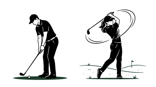 Dynamic golf illustration featuring a male golfer preparing to swing and a female golfer in action on a minimalist background with subtle grass and a distant flag