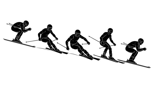 Dynamic vector illustration of five skiers in motion on slopes capturing the essence of winter sports with fluidity and energy perfect for active lifestyle themes and sports
