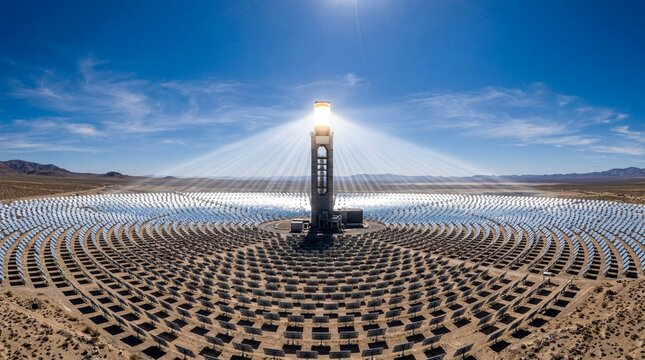 Concentrated solar power CSP plant featuring a massive central tower thousands of reflective mirrors around