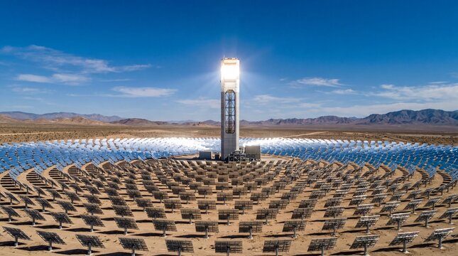 Concentrated Solar Power CSP Plant Technology Featuring A Massive Central Tower And Mirror Field Infrastructure