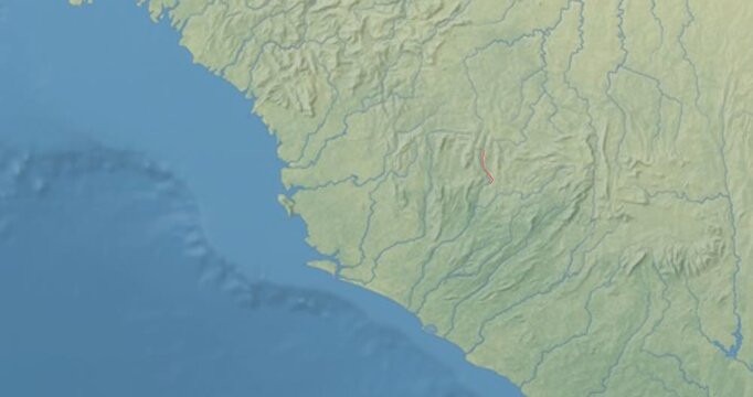 Sierra Leone on Globe. Zoom into the country with Earth spinning on dark background. Physical world map with Sierra Leone and label on it. Country view animation.