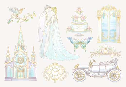 Romantic Fairytale Wedding Illustrations Element Design Set