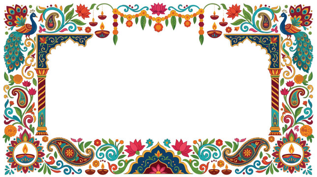 Colorful Indian frame design with peacocks lotus flowers paisley patterns and diya lamps