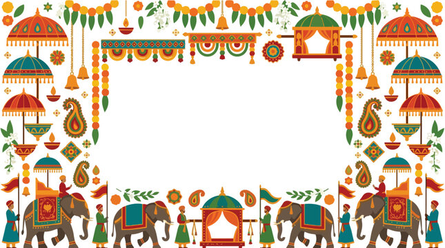 Indian wedding procession with elephants, parasols, and traditional decorations on white background