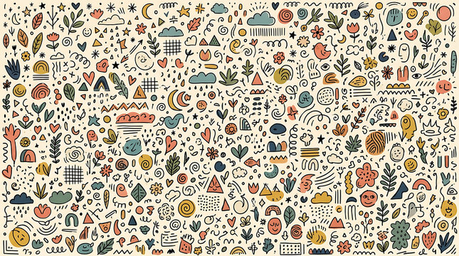 Abstract doodle pattern with flowers hearts and clouds on transparent background