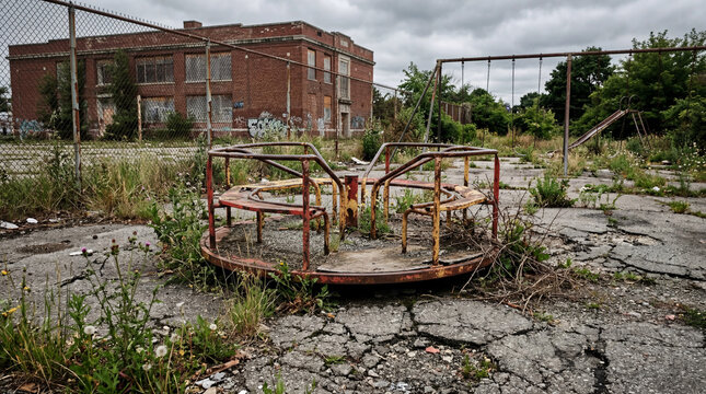 Empty playground with broken merry go round cracked asphalt weeds growing around old abandoned park