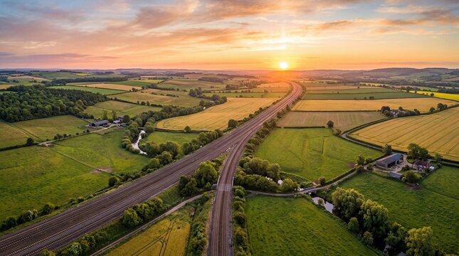 Aerial view of parallel railway lines crossing countryside fields at sunrise vibrant colorful morning sky