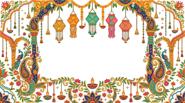 Colorful vector illustration of traditional Indian design elements with lanterns and peacocks