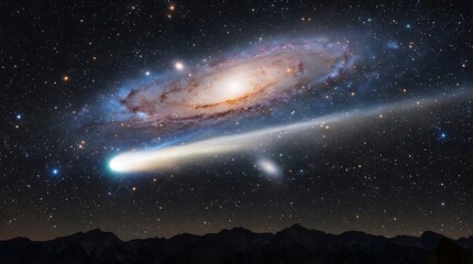 Obraz premium Cosmic spectacle galactic spiral and comet illuminate the night sky