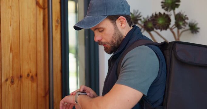 Knock, food delivery and watch with man at front door for time management, ecommerce and courier. Logistics schedule, shipping and grocery package with person at house for distribution and parcel