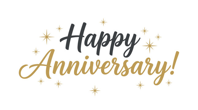Elegant happy anniversary text vector illustration featuring stylish gold and dark grey cursive calligraphy lettering design