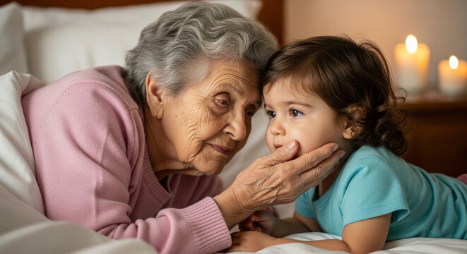 Heartwarming scene of a senior grandmother and her young toddler granddaughter sharing a tender, loving moment in a cozy bed with soft candlelight.
