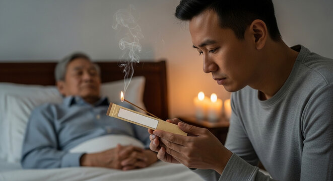 Grieving Young Asian Man Holding Burning Incense Stick While Sitting by the Bedside of His Ailing Elderly Father in a Dimly Lit Room