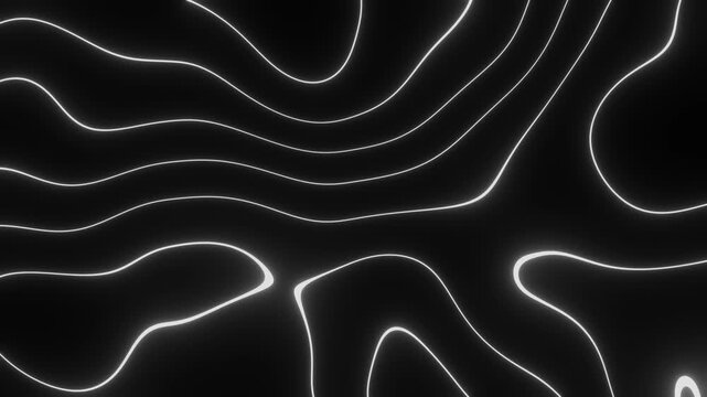 White Contour Line Waves Gliding Across Black Abstract Surface
