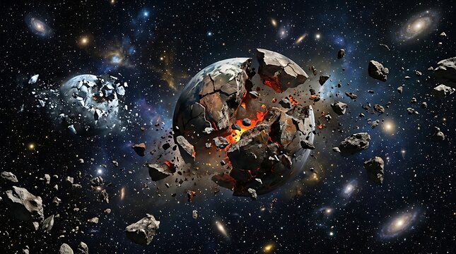 Dramatic depiction of a planet exploding in space with surrounding celestial bodies
