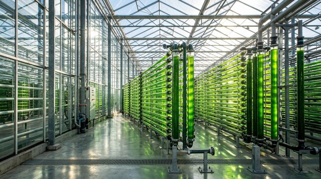 Advanced green algae biofuel bioreactor production facility showcasing rows of glowing bright emerald glass pipes