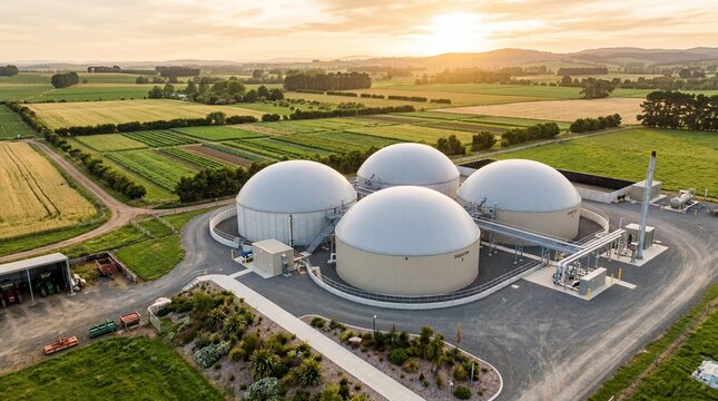 Advanced anaerobic digester facility featuring large clean dome tanks sitting on a modern green plant