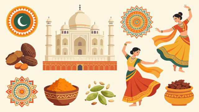 Vibrant collection of Indian cultural elements including the Taj Mahal, dancers, spices, and decorative motifs, celebrating heritage and tradition.