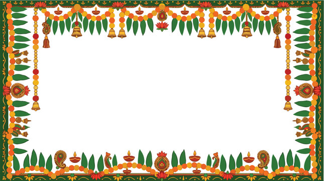 Traditional Indian decorative frame with floral and religious elements, vector illustration