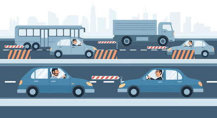 Fototapeta premium Traffic Jam on Highway with Cars, Bus, and Truck Blocked by Barriers
