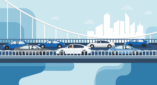 Traffic Jam on a Bridge Over Water with City Skyline Background
