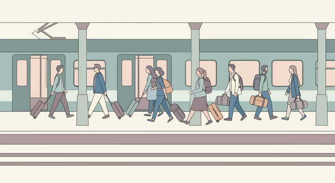 Travelers with luggage walking on a train station platform, boarding a train