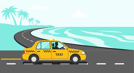Fototapeta premium Yellow taxi driving on coastal road with palm trees and ocean view