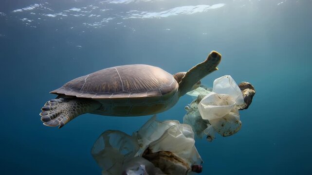 Sea turtle entangled in plastic bags underwater, highlighting the devastating impact of pollution on marine life