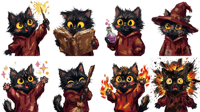 A whimsical collection of eight adorable black cats depicted as wizards, each engaged in magical activities with expressive eyes and charming outfits.