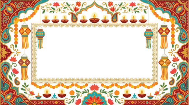 Colorful Indian festival frame with traditional lanterns, flowers, and oil lamps on white background