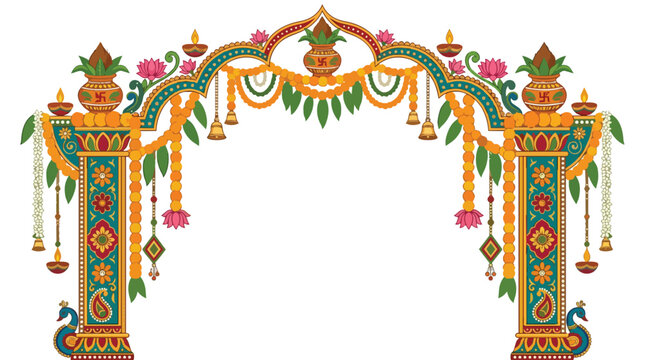 Colorful traditional Indian archway illustration with floral decorations and religious symbols