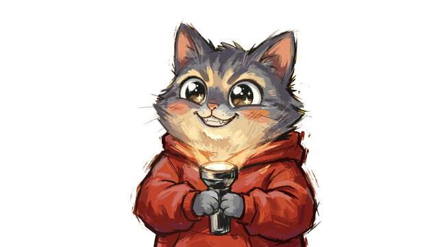 A cute, anthropomorphic tabby cat wearing a red hoodie and holding a glowing flashlight.