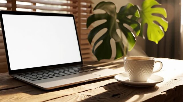 Laptop with blank screen and coffee cup on wooden table