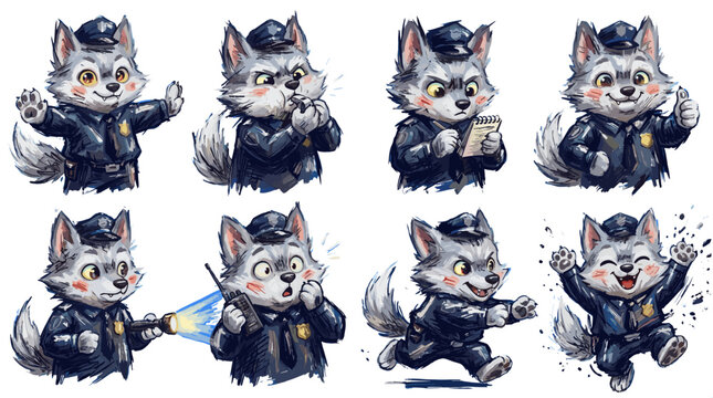 Collection of Cute Cartoon Wolf Police Officers Expressing Various Emotions and Actions.