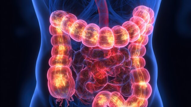 Inflammatory Bowel Disease Awareness Concept with Human Digestive System Illustration, Chronic Gastrointestinal Inflammation, Crohn&rsquo;s Disease and Ulcerative Colitis Medical Healthcare Background