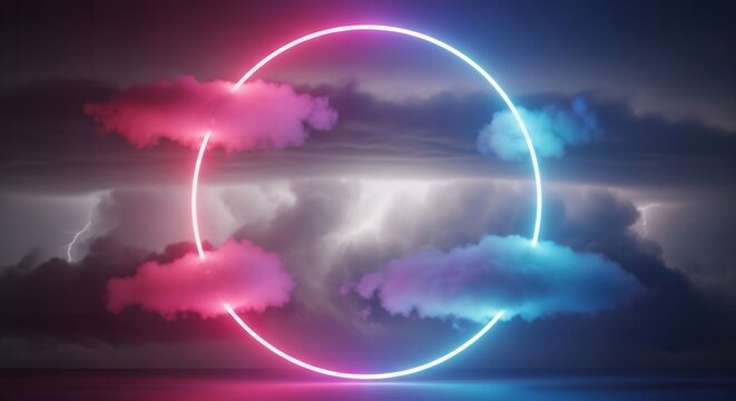 Abstract Neon Circle Frame With Vibrant Pink And Blue Clouds Lightning Storm.