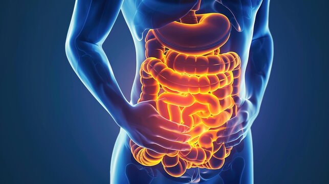 Inflammatory Bowel Disease Awareness Concept with Human Digestive System Illustration, Chronic Gastrointestinal Inflammation, Crohn&rsquo;s Disease and Ulcerative Colitis Medical Healthcare Background