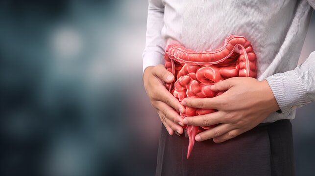 Inflammatory Bowel Disease Awareness Concept with Human Digestive System Illustration, Chronic Gastrointestinal Inflammation, Crohn&rsquo;s Disease and Ulcerative Colitis Medical Healthcare Background