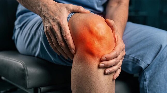 Close-Up Senior Hands Holding Knee Pain Glowing Red Orange Inflammation Osteoarthritis Joint Concept Sitting Dark Clinic Background