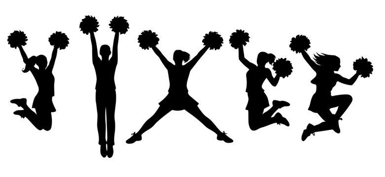 Minimalist vector silhouette of young cheerleaders jumping in the air holding pom poms to celebrate.