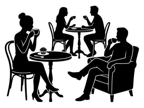 Minimalist vector silhouette of people relaxing in a cozy cafe, drinking coffee and chatting at tables.