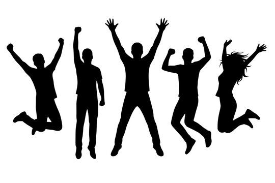Vector silhouette of five people mid‑jump in dynamic poses, arms raised with energy and joy. Symbol of freedom, celebration, teamwork, and success, ideal for motivational or sports themes.